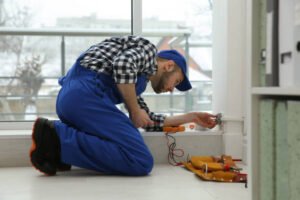 A man in overalls diligently repairing electrical equipment in a workshop setting | Handyman service in Newport Beach, CA.